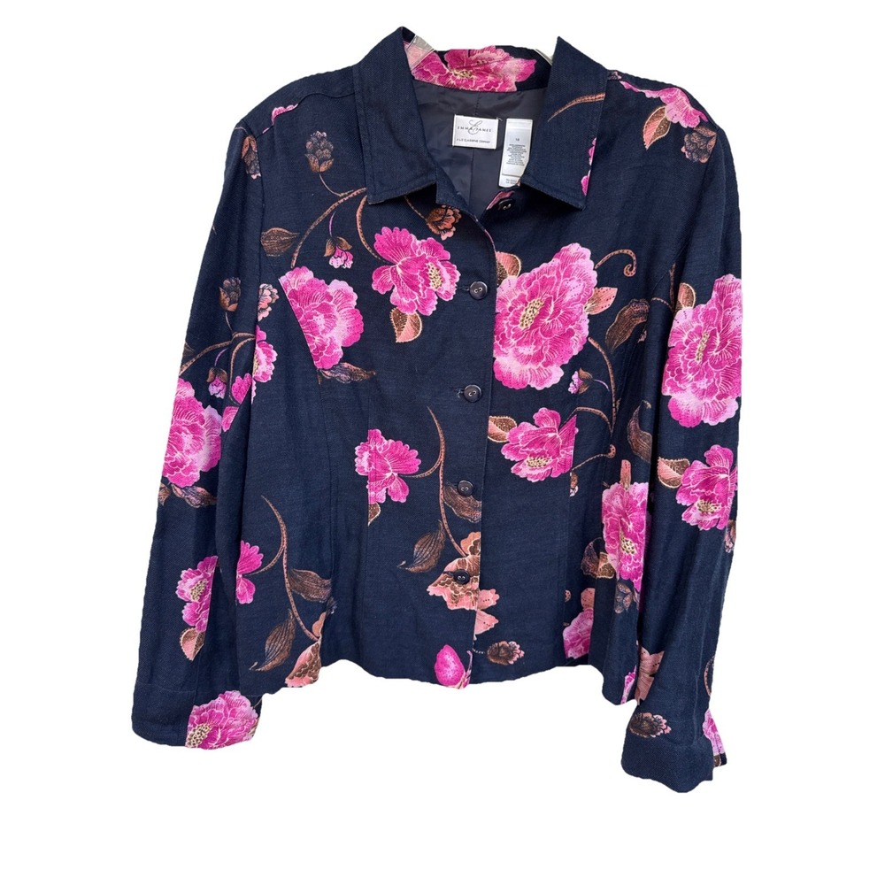 Emma James Navy & Pink Flowers Button Front Classic Blazer Jacket sz 18